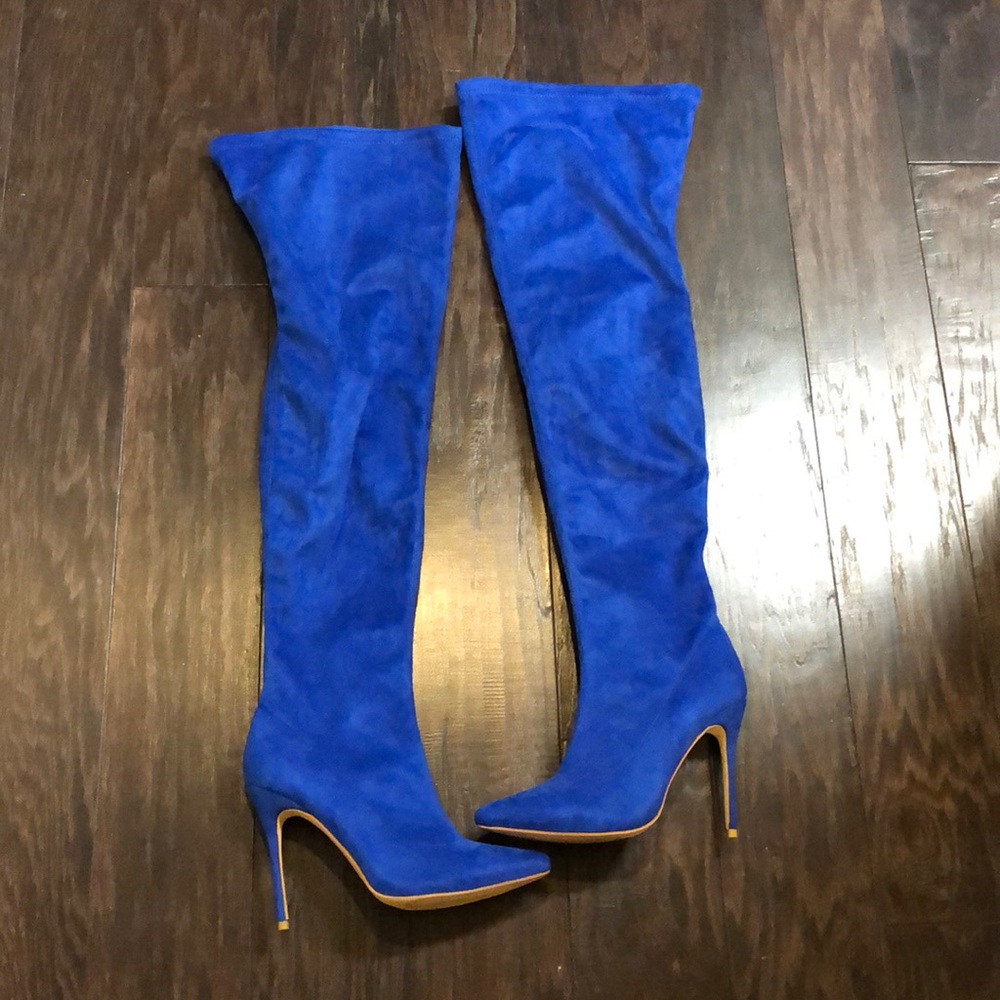 Electric blue thigh high boots with zipper